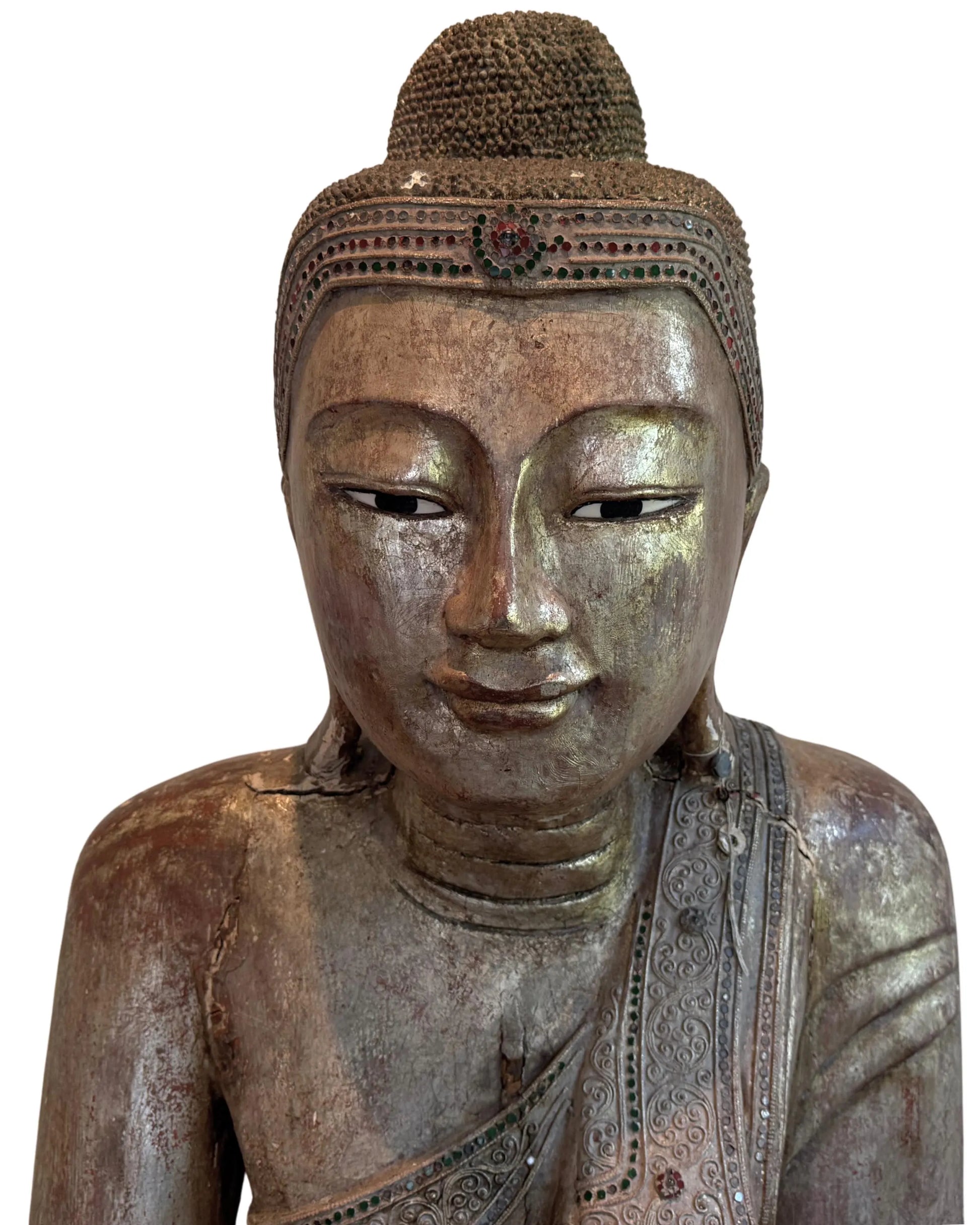 Wooden Buddha head Myanmar Mandalay detail face and expression