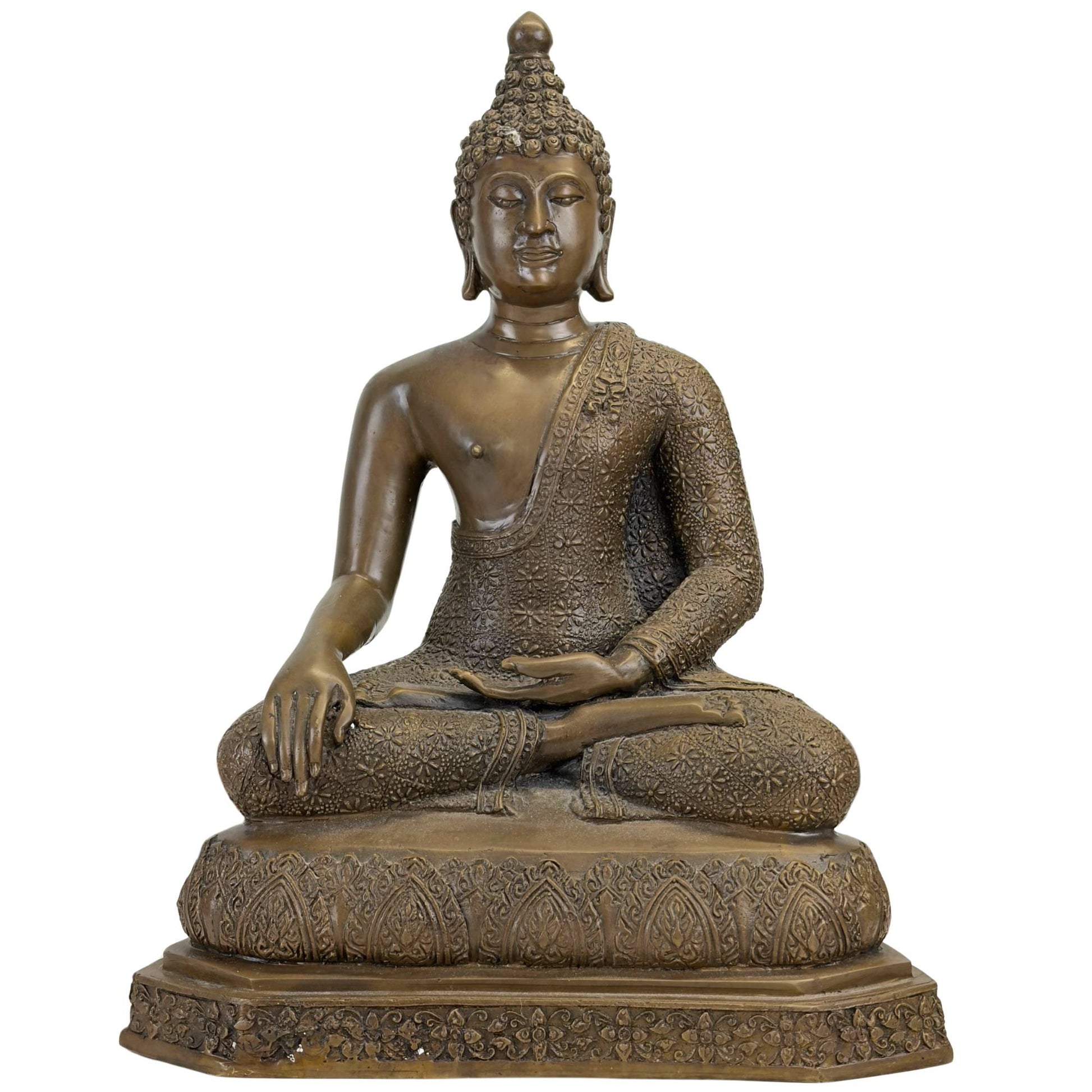 Zwaar bronzen Thaise Boeddha in Rattanakosin-stijl met floraal gewaad