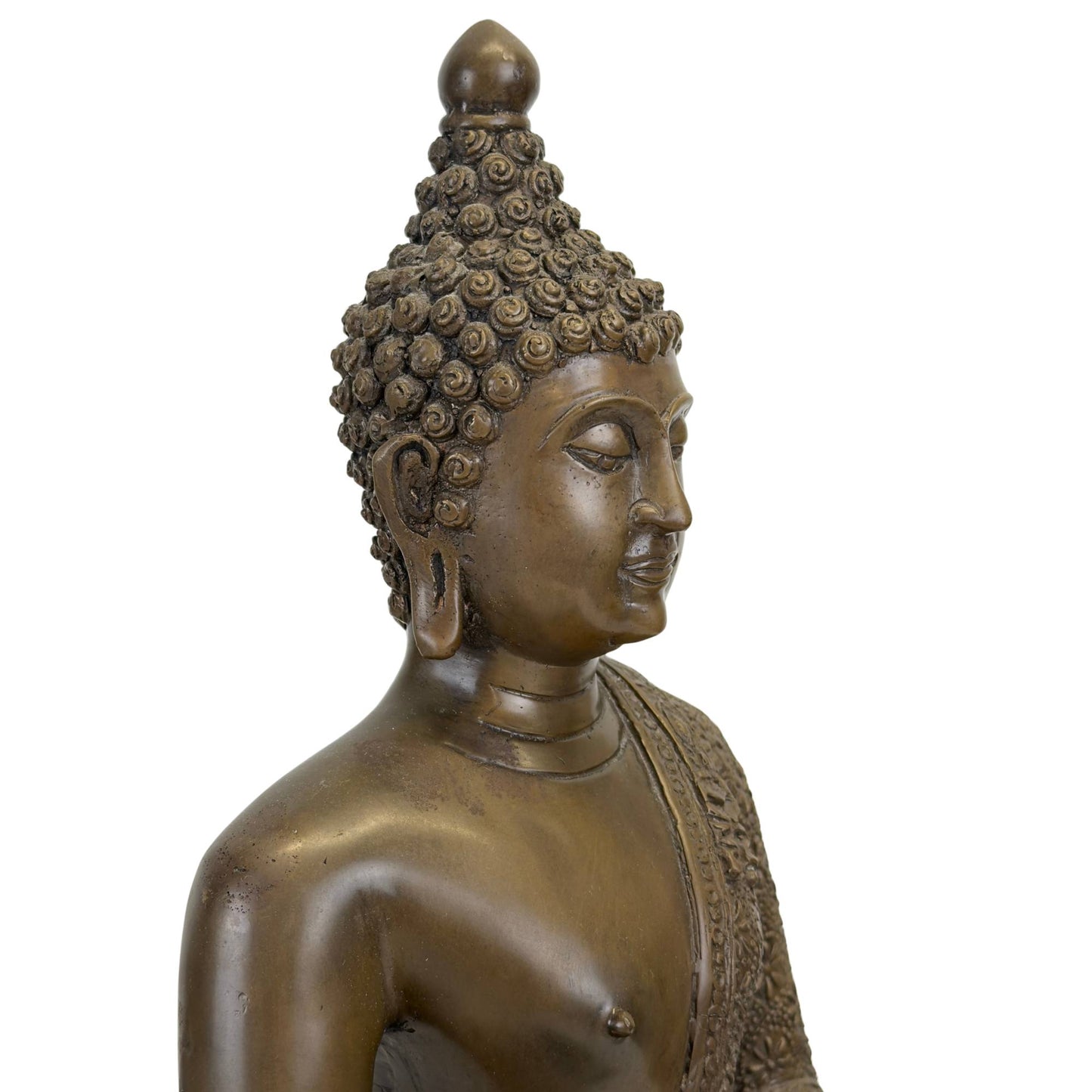 Verfijnde details van de haarknot en het serene zijprofiel van de grote Boeddha