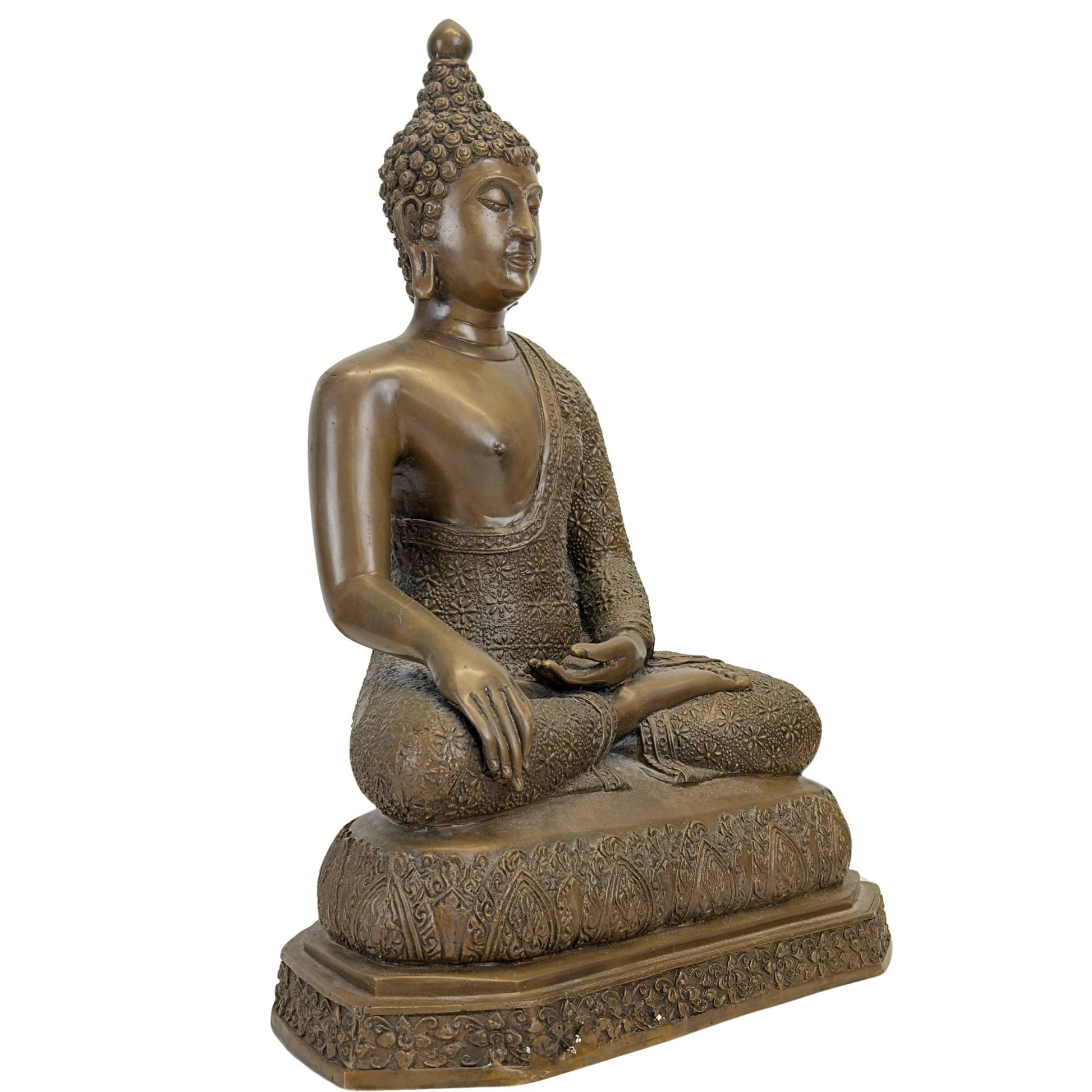 Groot messing-brons boeddhabeeld in de meditatieve Bhumisparsha mudra