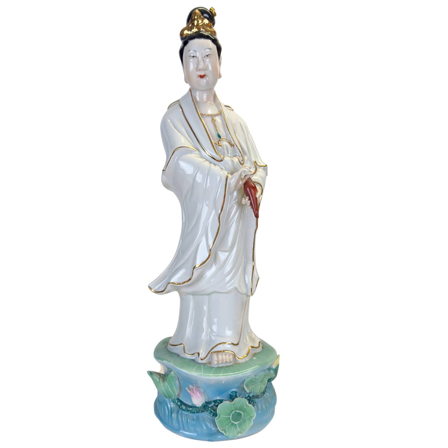 Large Chinese porcelain Guan Yin statue, 47 cm high, with gold details.
