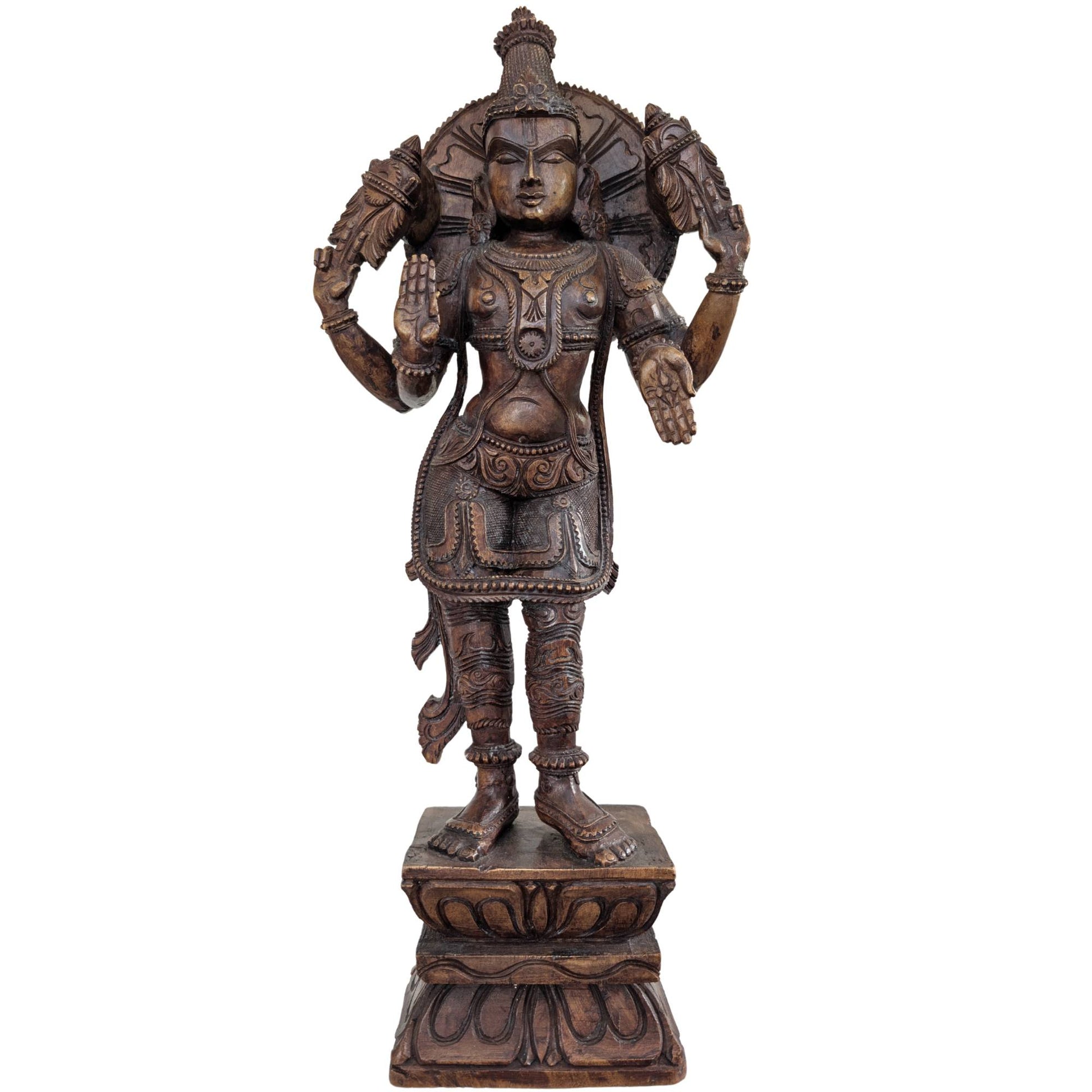 Large hand-carved wooden statue of Lord Vishnu from South India.