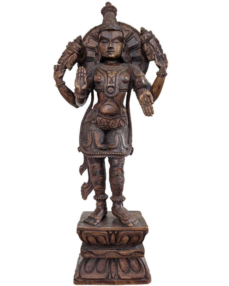Grande statue en bois Abhaya Mudra du Seigneur Vishnu – Inde du Sud – 62 cm