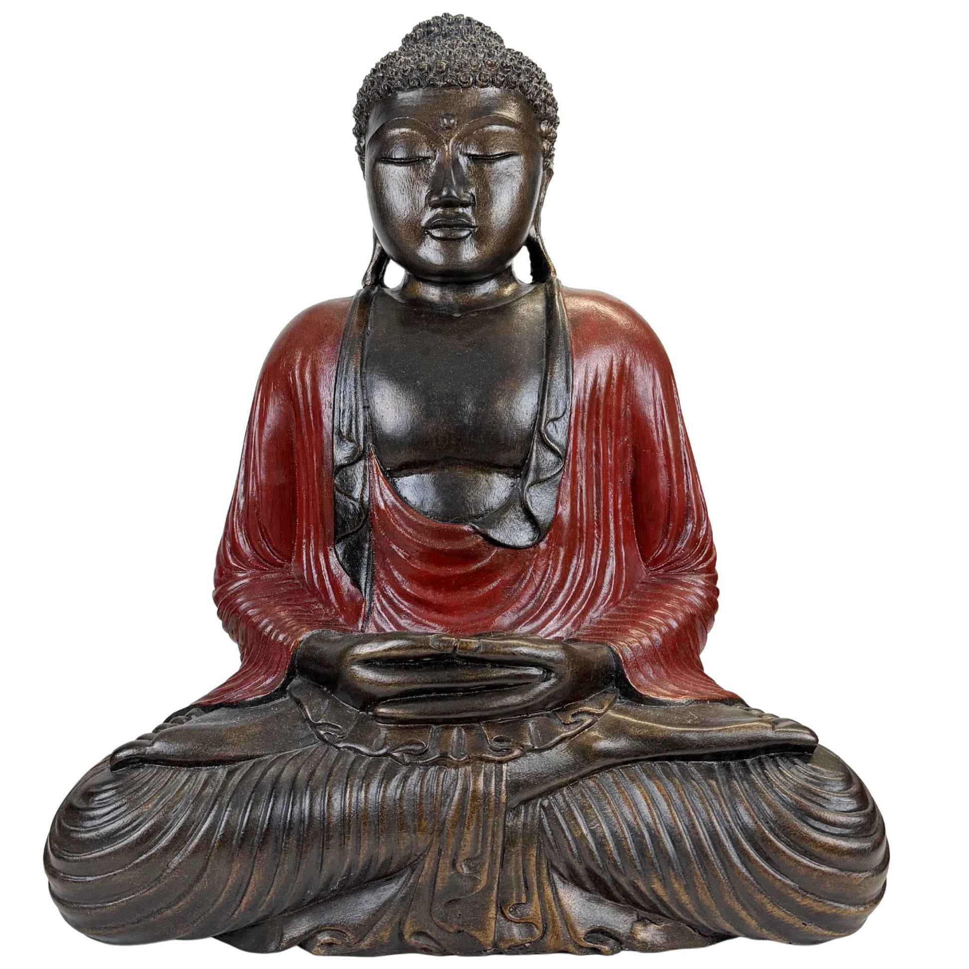 Resin Buddha statue in a meditation pose with a red lacquered robe and an Asian Zen appearance.