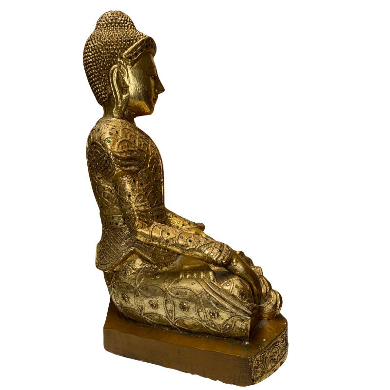 Large gilded wooden Buddha statue from Myanmar with a serene appearance and antique details