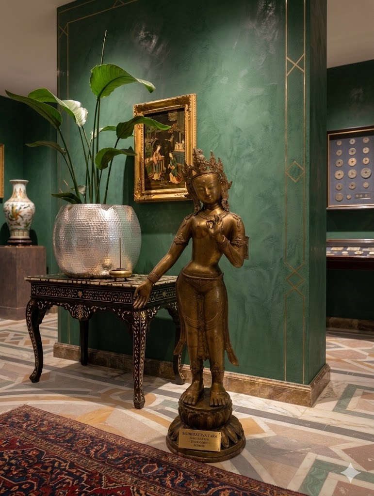 A large bronze statue of the goddess Tara.