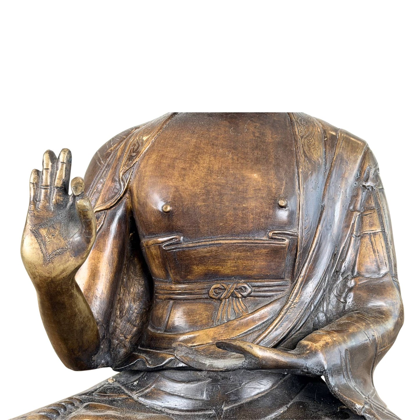 Large bronze Buddha statue on a double lotus base with antique fire gilding, ritual appearance, and hand-finished details.