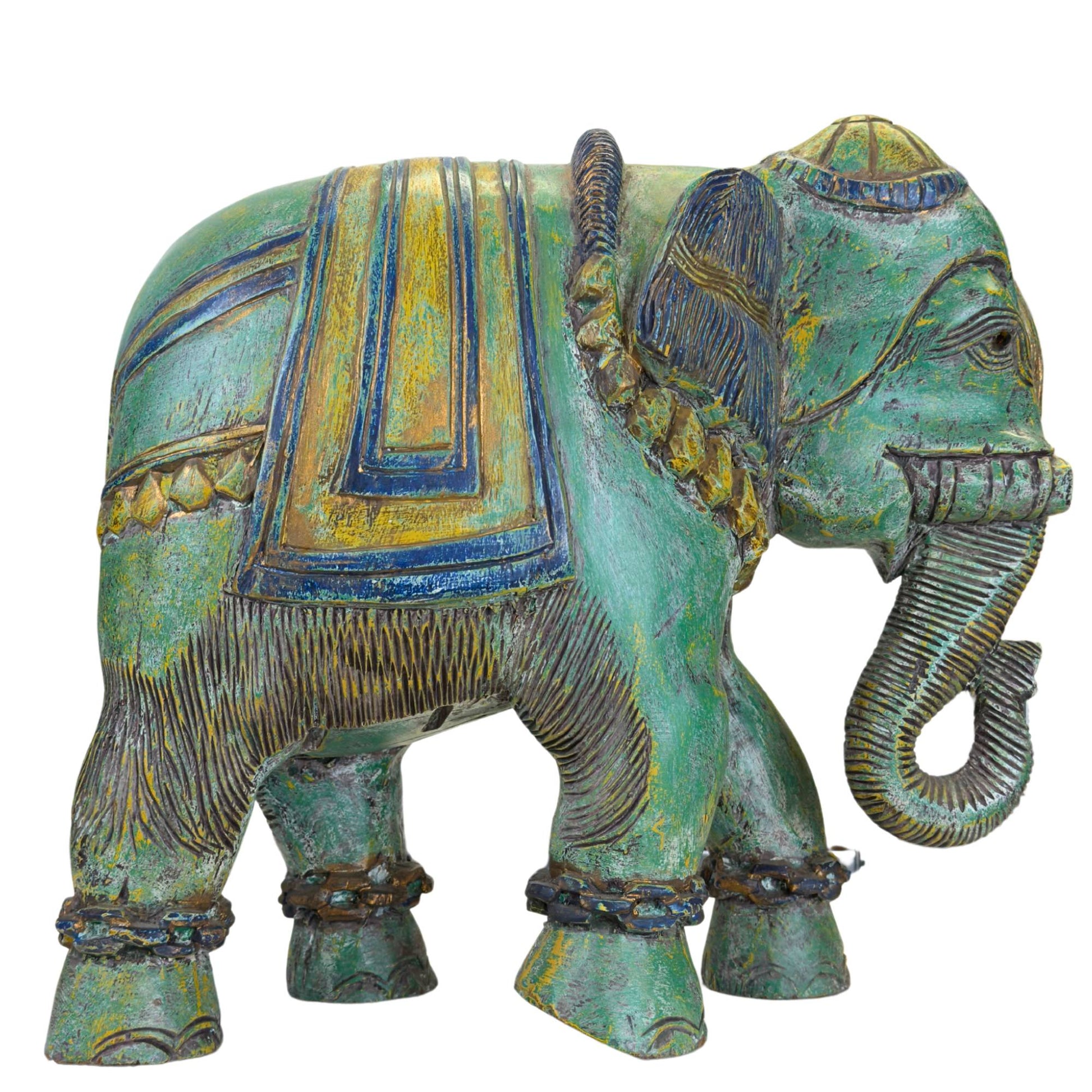 Large handmade wooden elephant from India with traditional ornaments