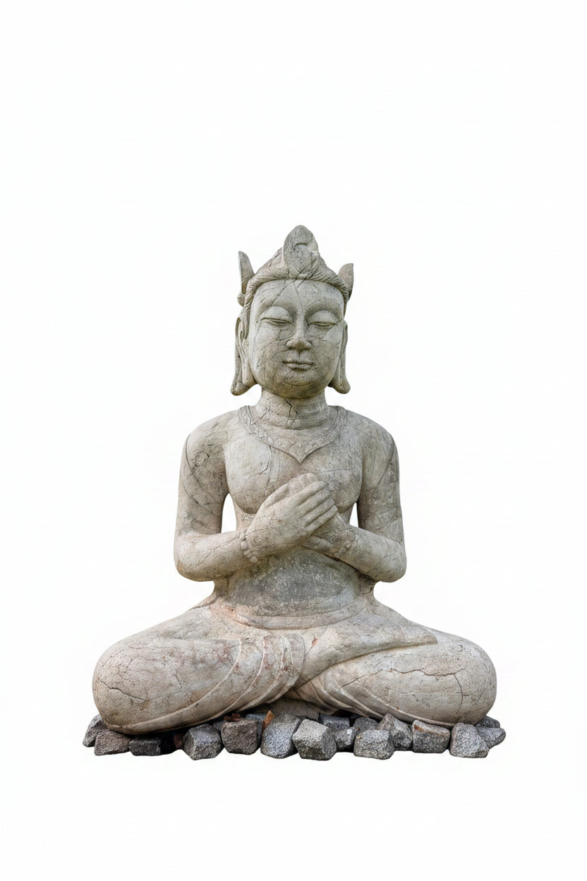 Large Indonesian temple figure with folded hands and crown