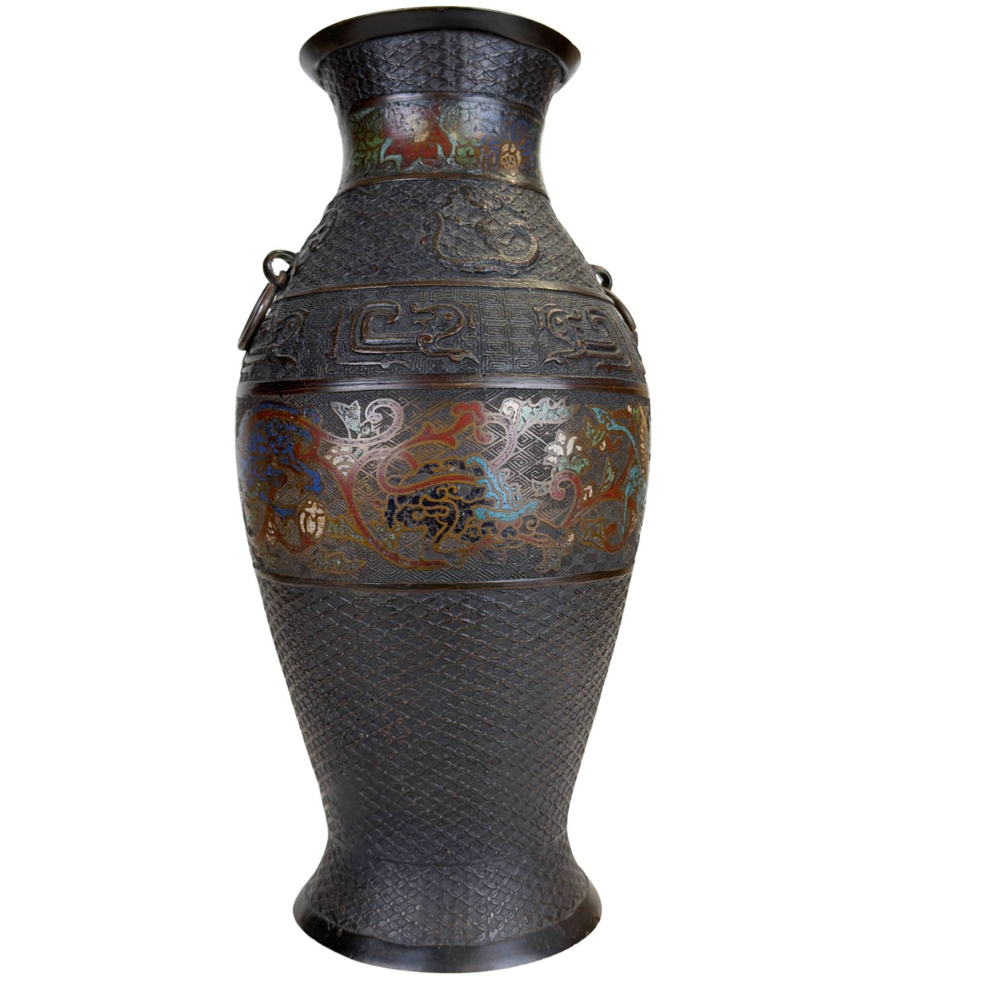 Large Japanese bronze vase with champlevé enamel, dark patina, and decorative band with East Asian mythical creatures