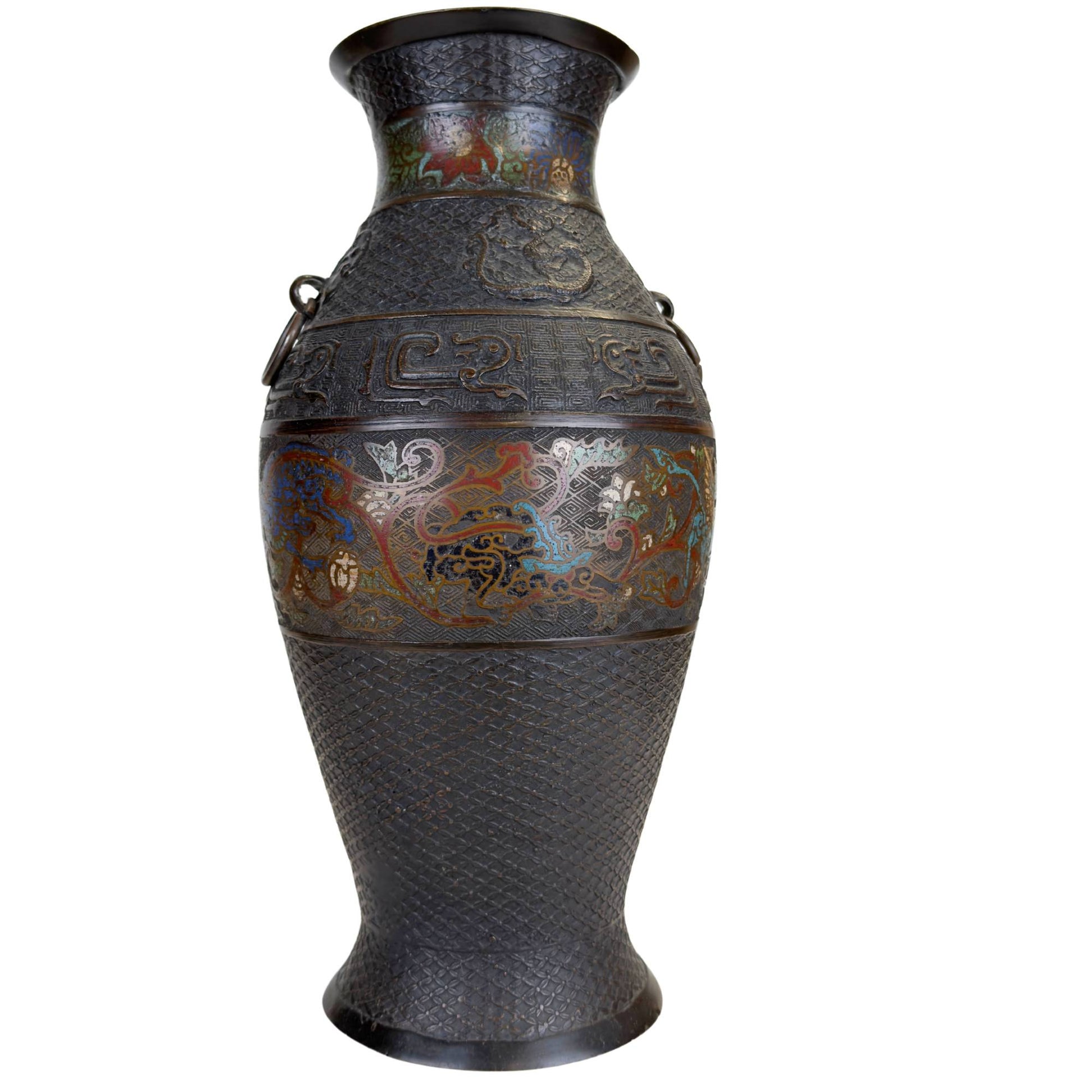 Large Japanese bronze vase with champlevé enamel, dark patina, and decorative band with East Asian mythical creatures