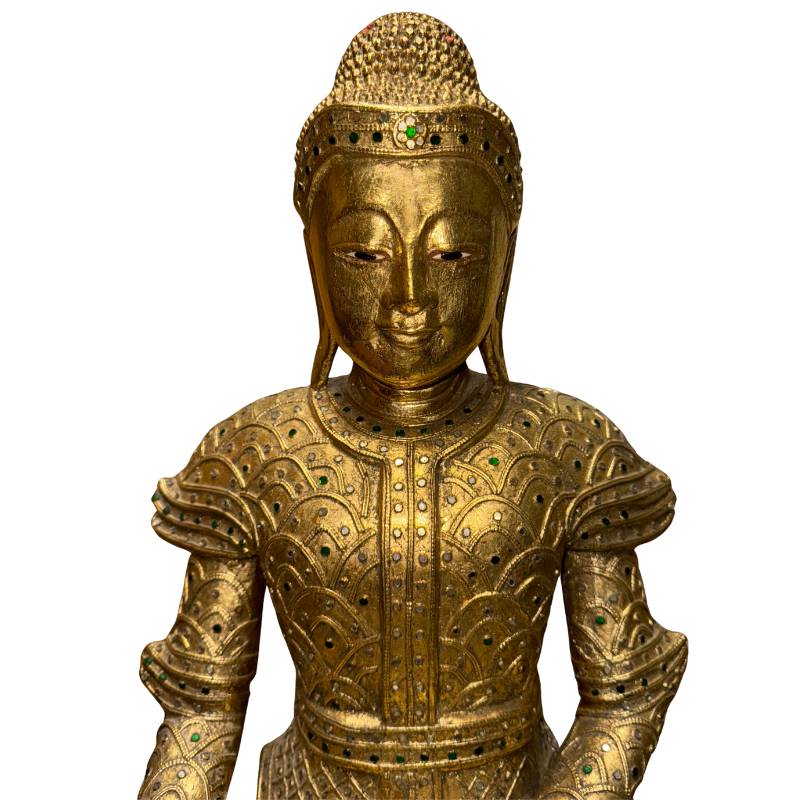 Large wooden Mandalay Buddha with glass inlay and gold-colored antique finish