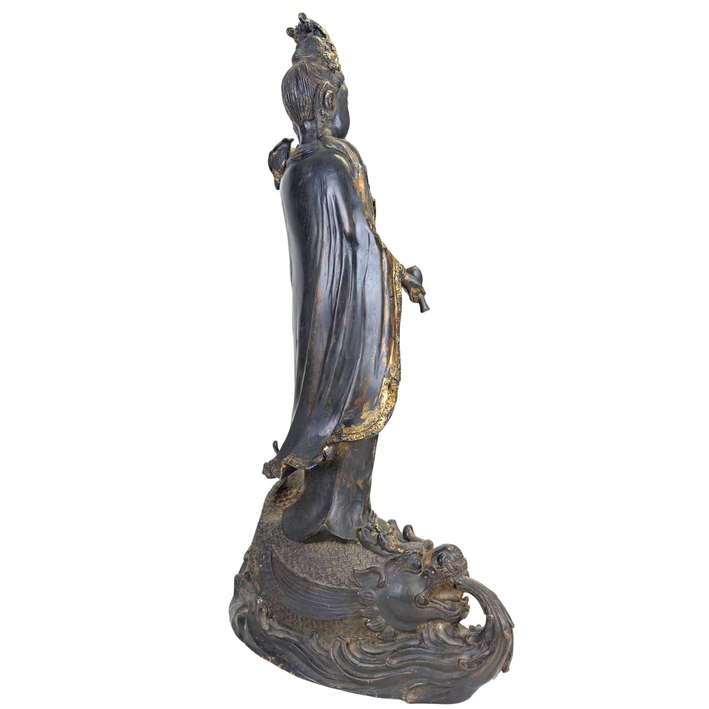 Large East Asian Guanyin on a dragonfish, bronze statue from the first half of the 20th century