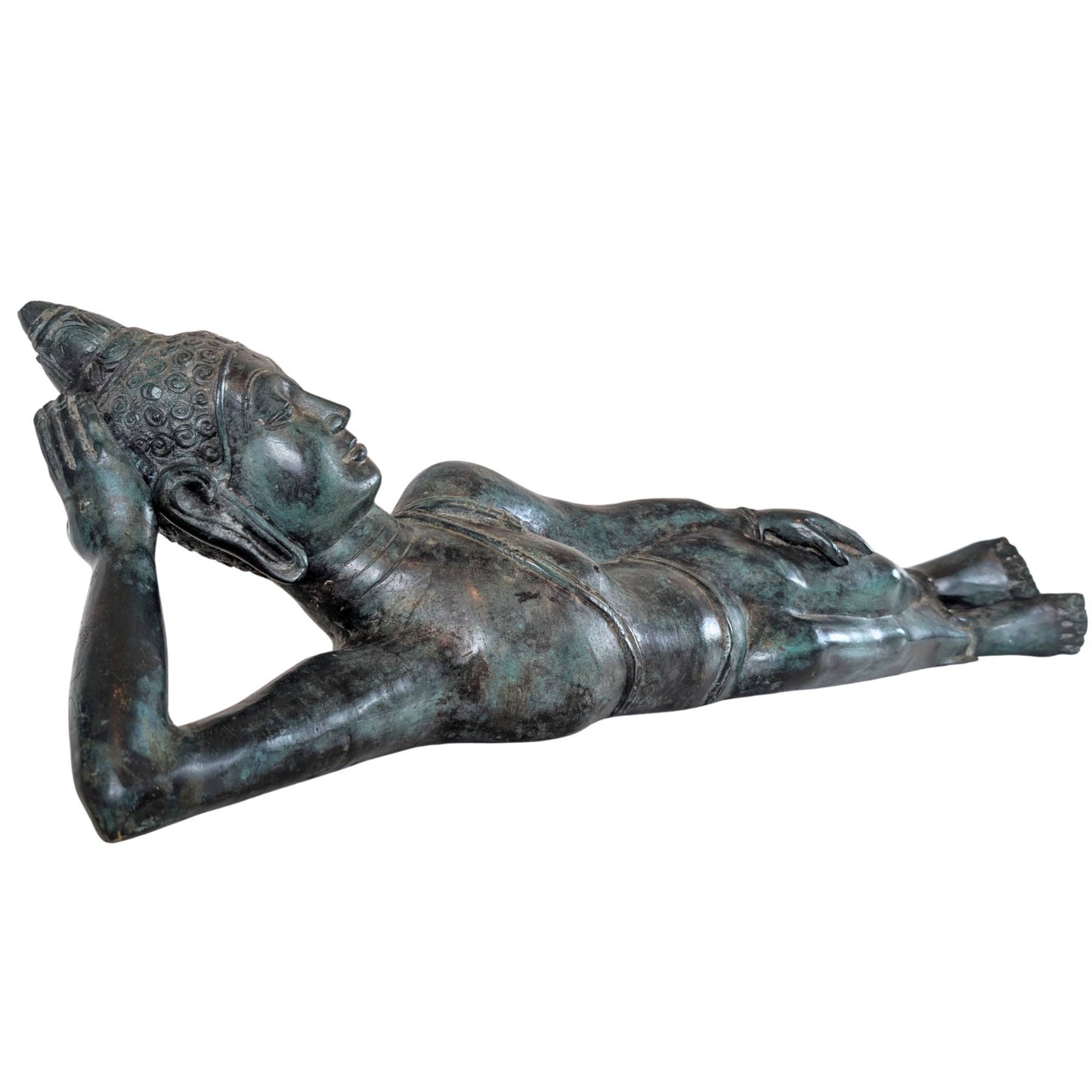 Tall bronze reclining Buddha statue from Thailand in Parinirvana pose with a serene expression