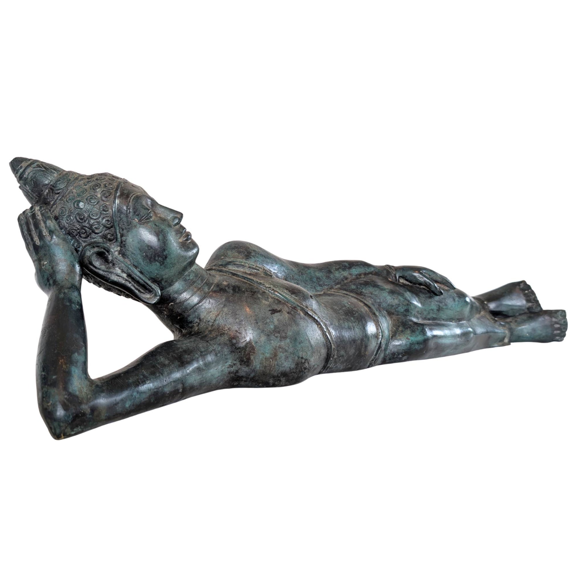 Tall bronze reclining Buddha statue from Thailand in Parinirvana pose with a serene expression