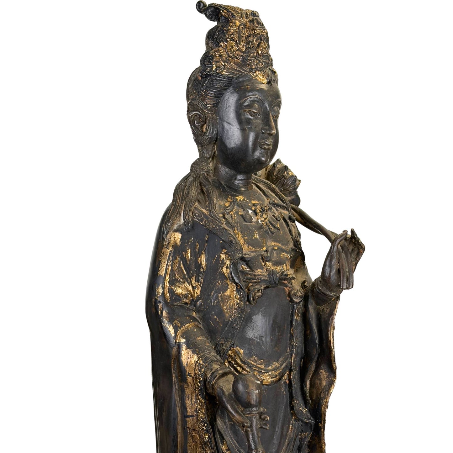 Guanyin bodhisattva statue with black lacquer, wear and remnants of gilding