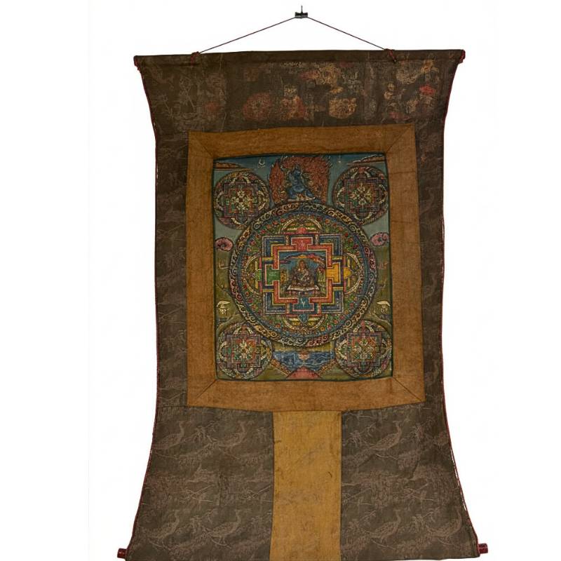 Guru Rinpoche centrally depicted within a traditional Tibetan mandala composition.