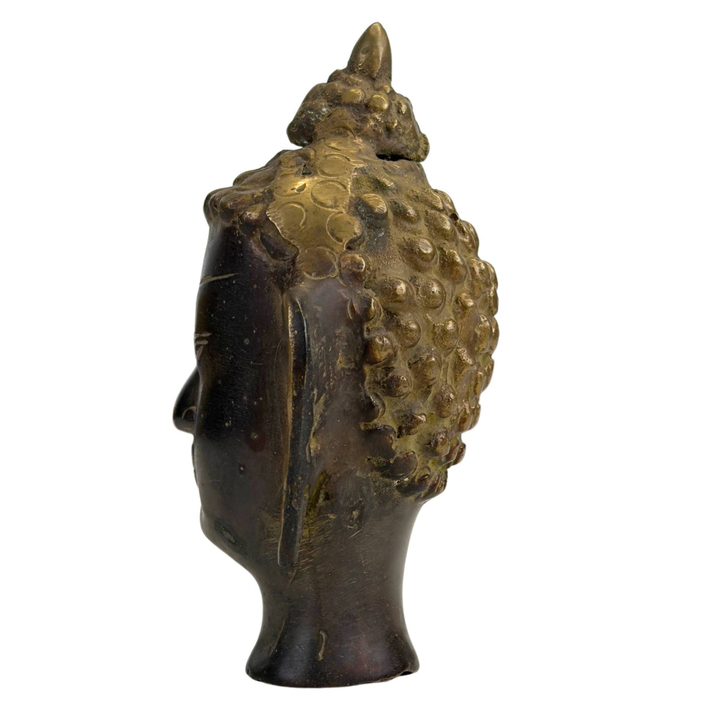 Hand-cast Buddha head with warm dark brown patina