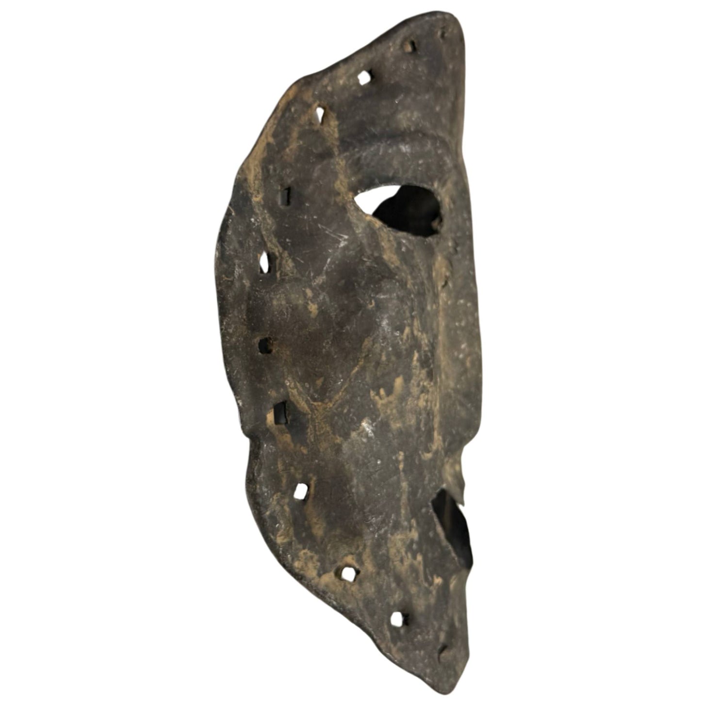 Hand-beaten metal mask from the Himalayan region, rare shamanistic object with mounting holes all around