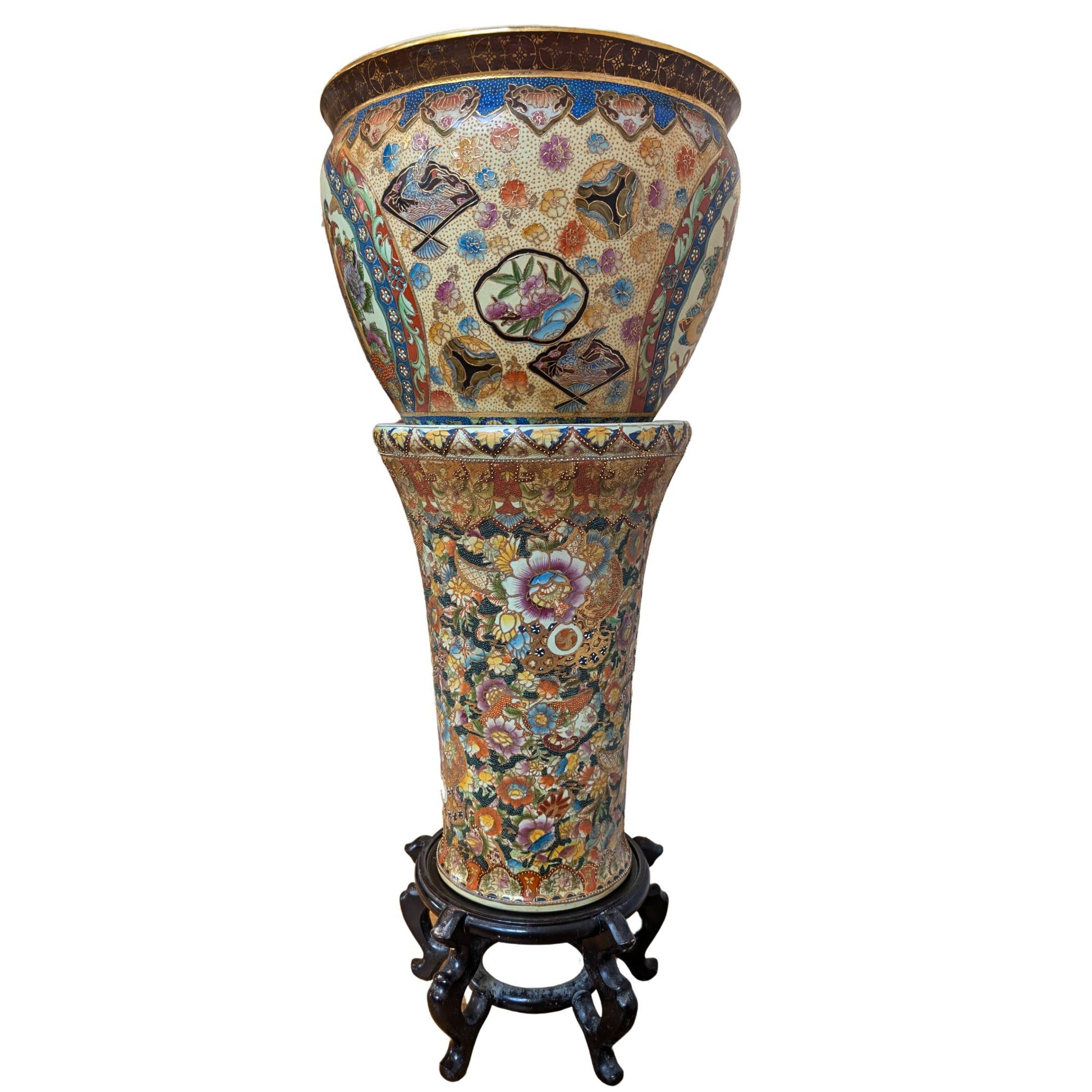 Hand-painted Satsuma vase with rich Moriage decoration and gold accents.