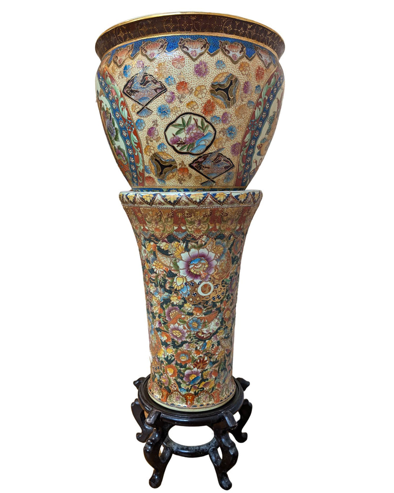 Jardinière japonaise Satsuma antique sur socle – Période Meiji Taisho – env. 1890-1920