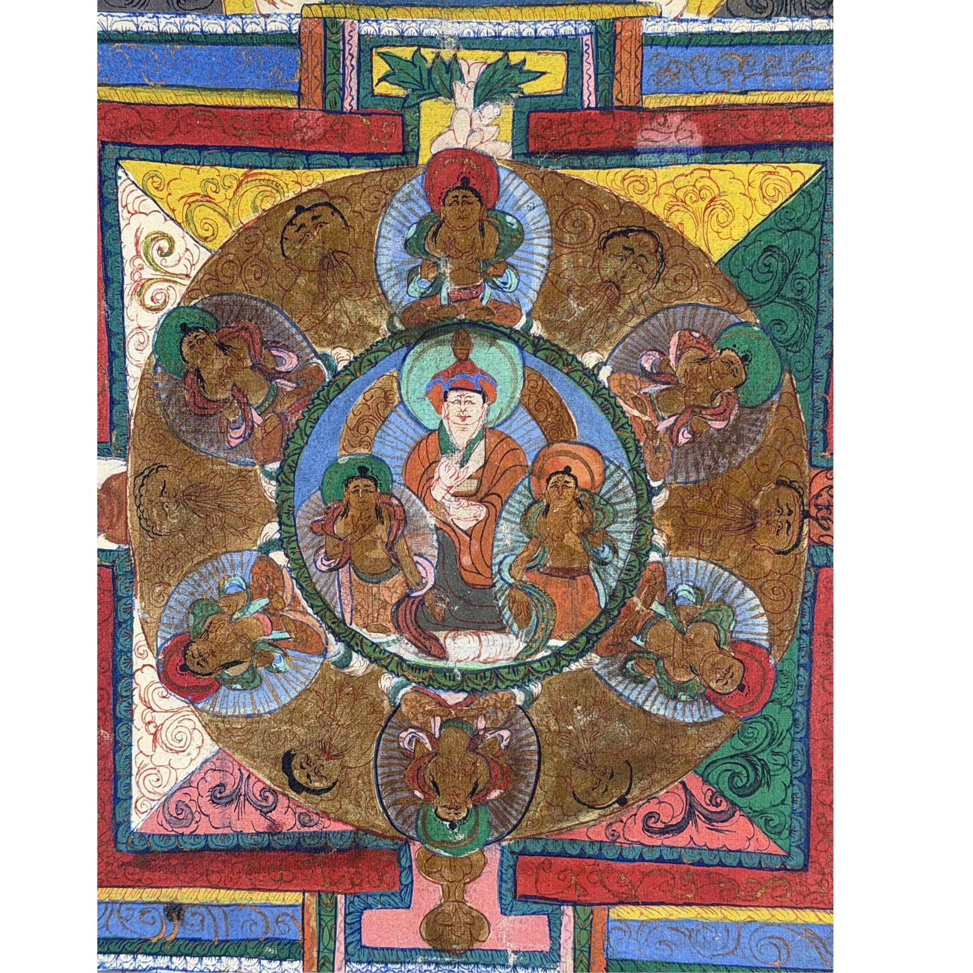 Hand-painted thangka with authentic Buddhist temple art and old pigment layers