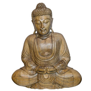 Statue de Bouddha en bois sculpté à la main, représentant un Bouddha assis – style Asie du Sud-Est, milieu du XXe siècle