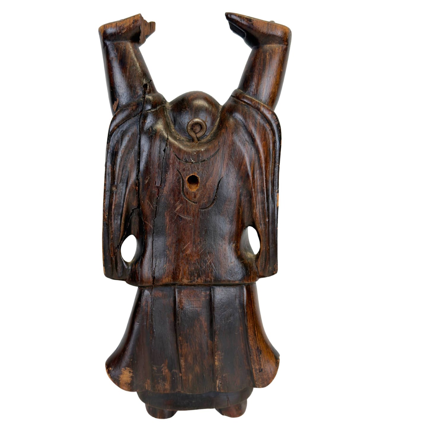 Hand-carved wooden Laughing Buddha with a big belly, smile, and raised arms