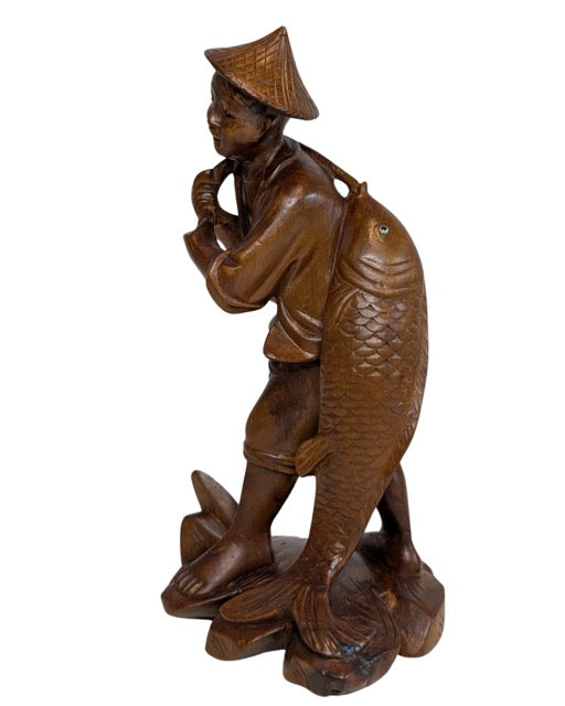 Hand-carved wooden fisherman sculpture Asian folk art