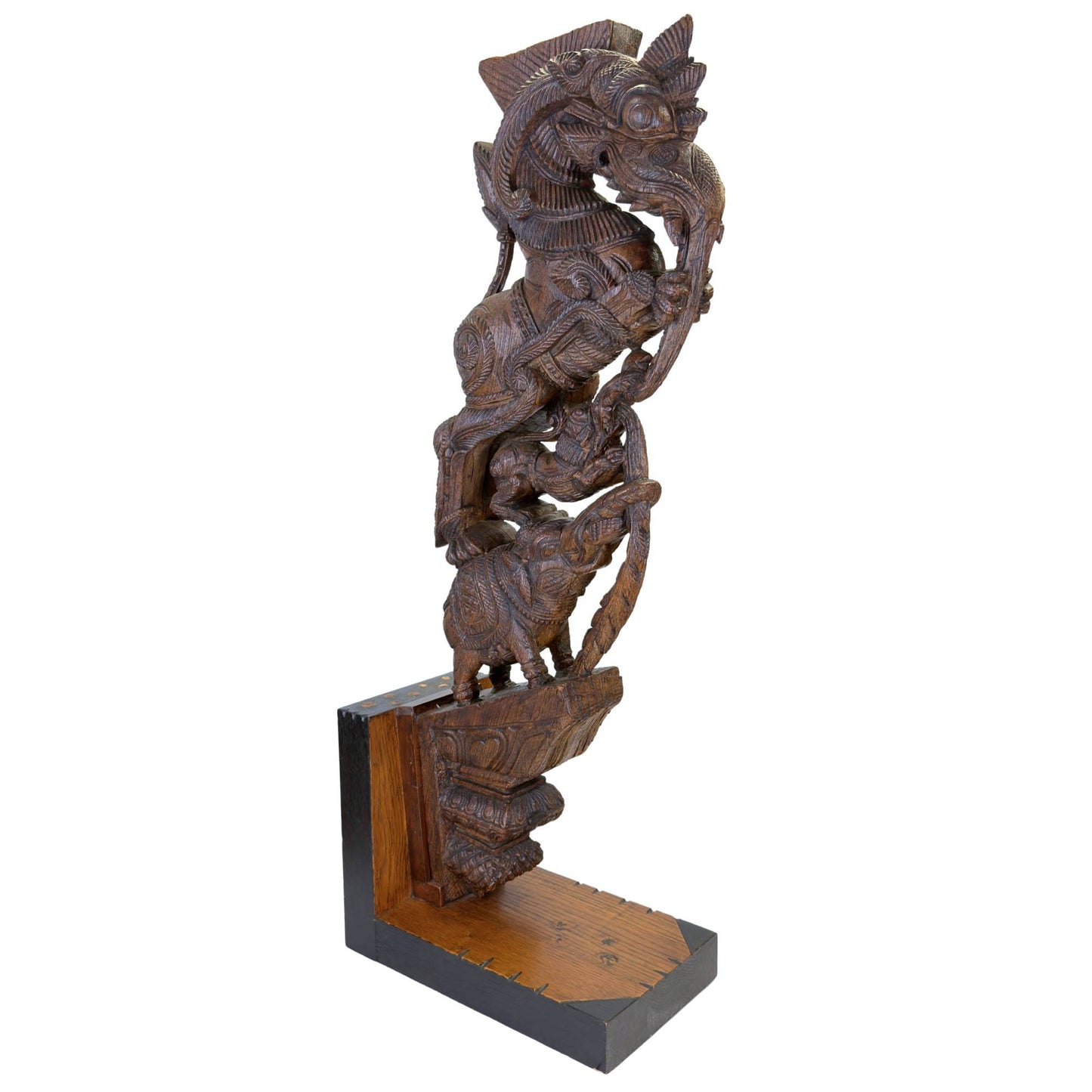 Hand-carved South Indian temple fragment with Yali in solid hardwood