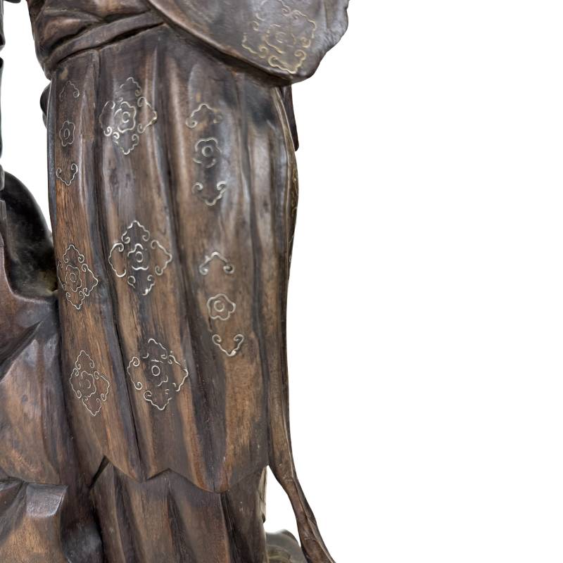 Hand-carved Chinese hardwood statue weighing 2 kg with refined iconographic details.