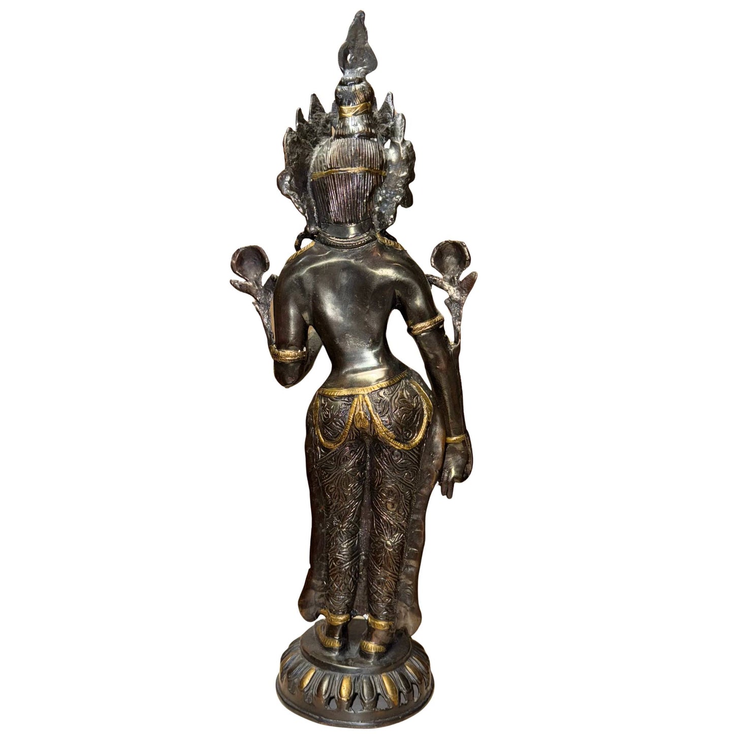 Bronze Himalayan Bodhisattva with hand-chiseled clothing and ornamental details