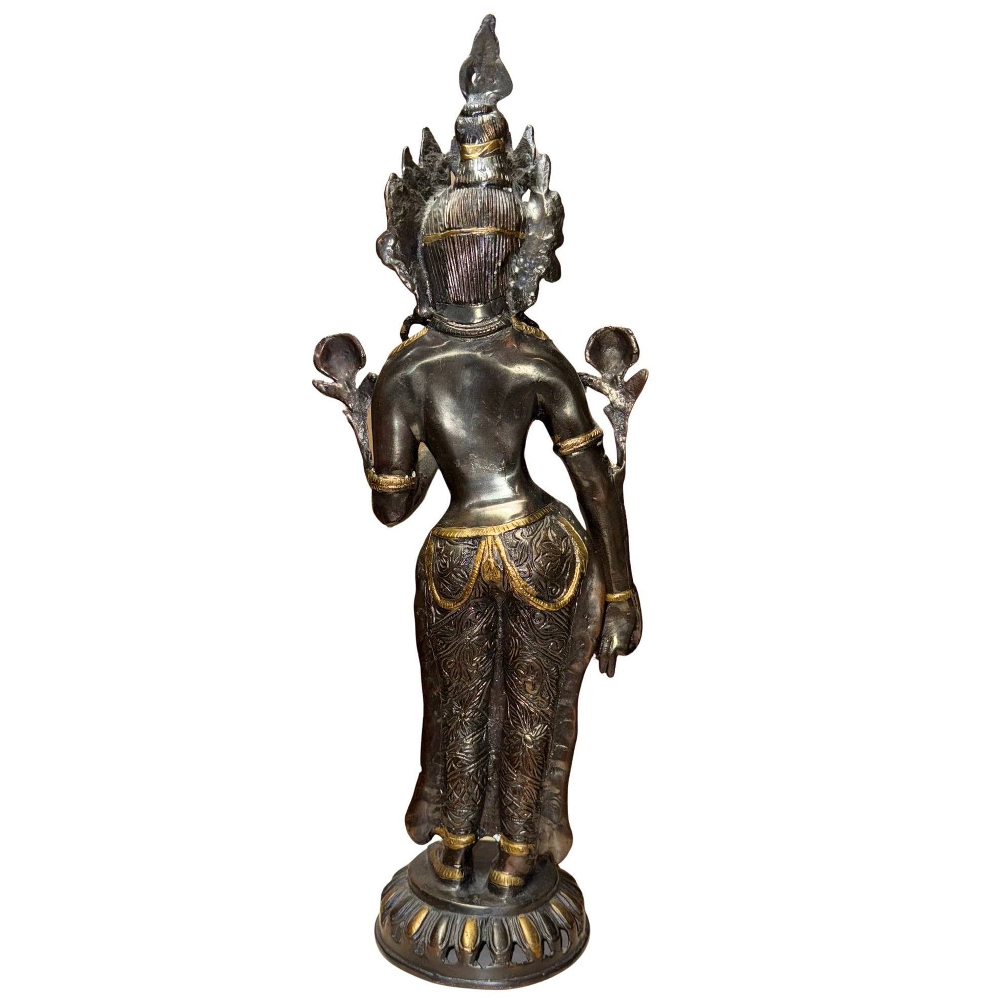 Bronze Himalayan Bodhisattva with hand-chiseled clothing and ornamental details