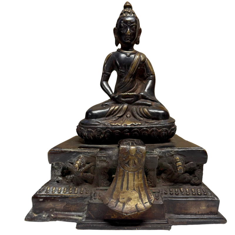 Antique Himalayan temple statue of a fire-gilded Buddha