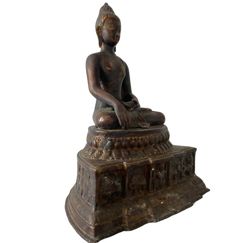 Himalayan bronze Buddha with throne and old patina, dhyana mudra
