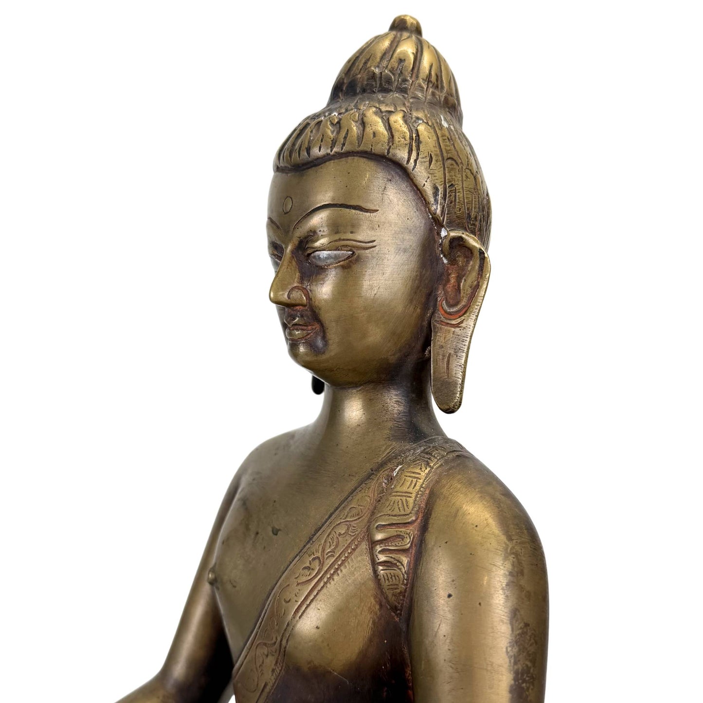 Antique Himalayan Buddha with silver eyes and monumental throne base from the Mustang tradition