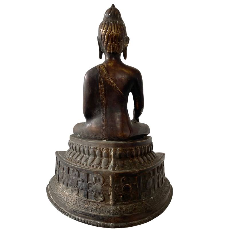 Himalayan bronze Buddha with throne and animal panels, old surface and patina, dhyana mudra