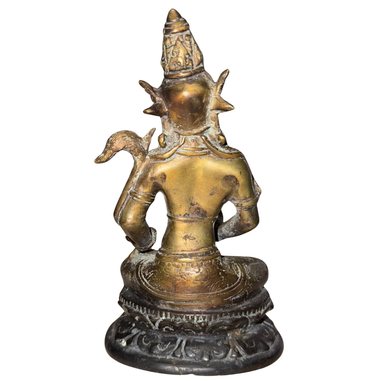 Himalayan bronze Avalokiteshvara with copper oxidation and green patina layers on the inside.