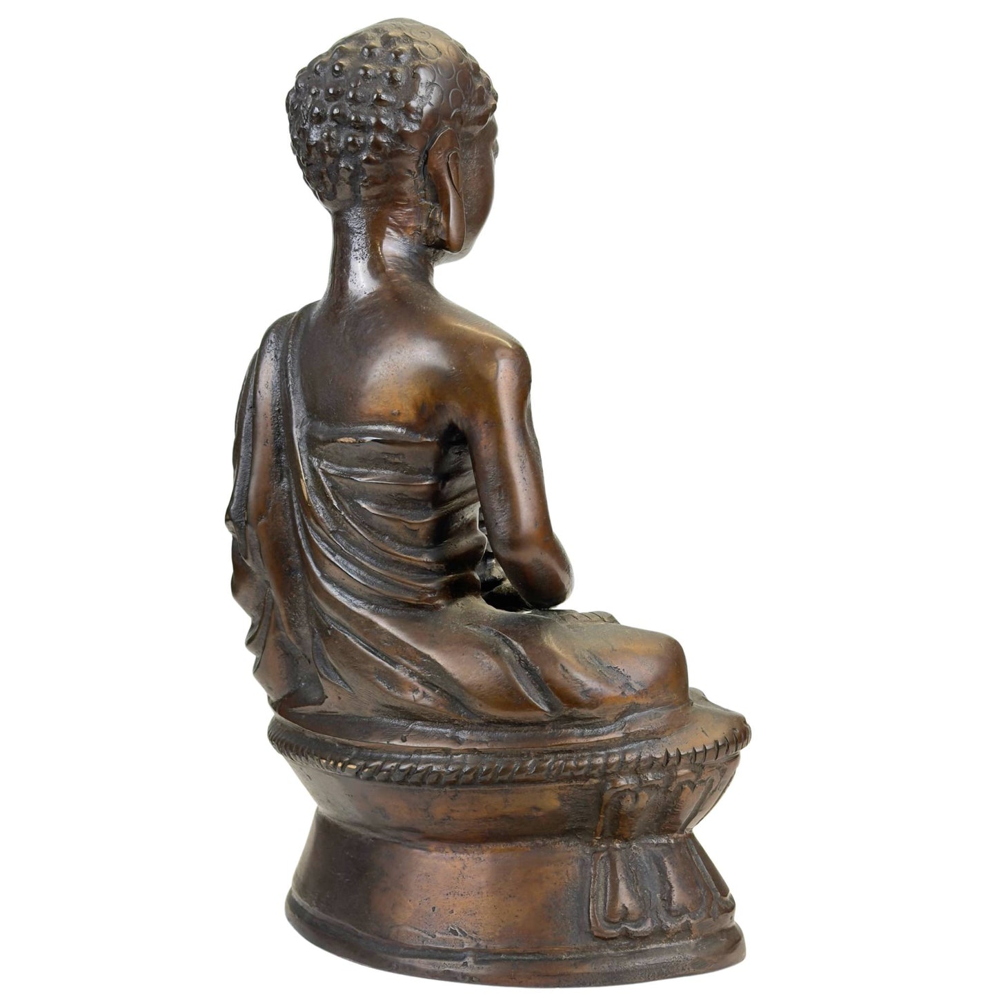 Himalayan-style bronze Buddha with old patina, oxidation, and visible wear due to age