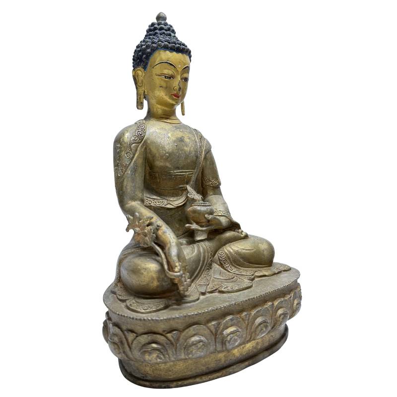 Bronze Physician Buddha on a double lotus base with natural patina