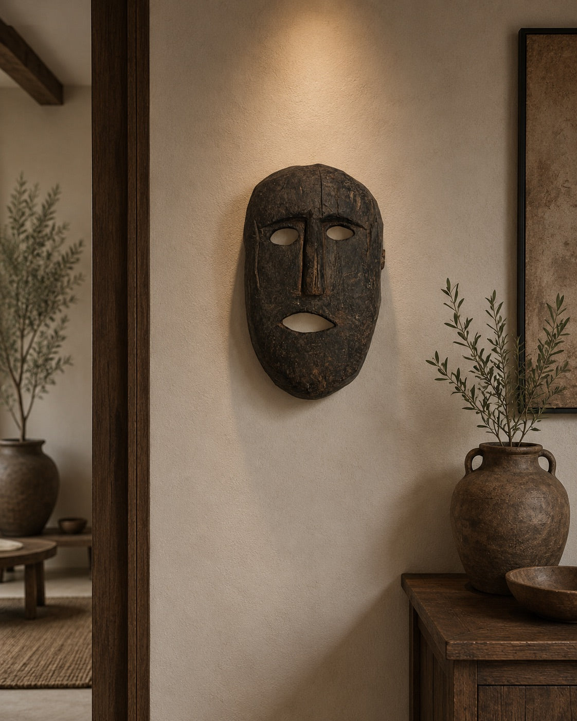 Himalayan shaman mask with an intensely weathered, greasy wear patina, old wooden ritual mask measuring 24 x 15 cm
