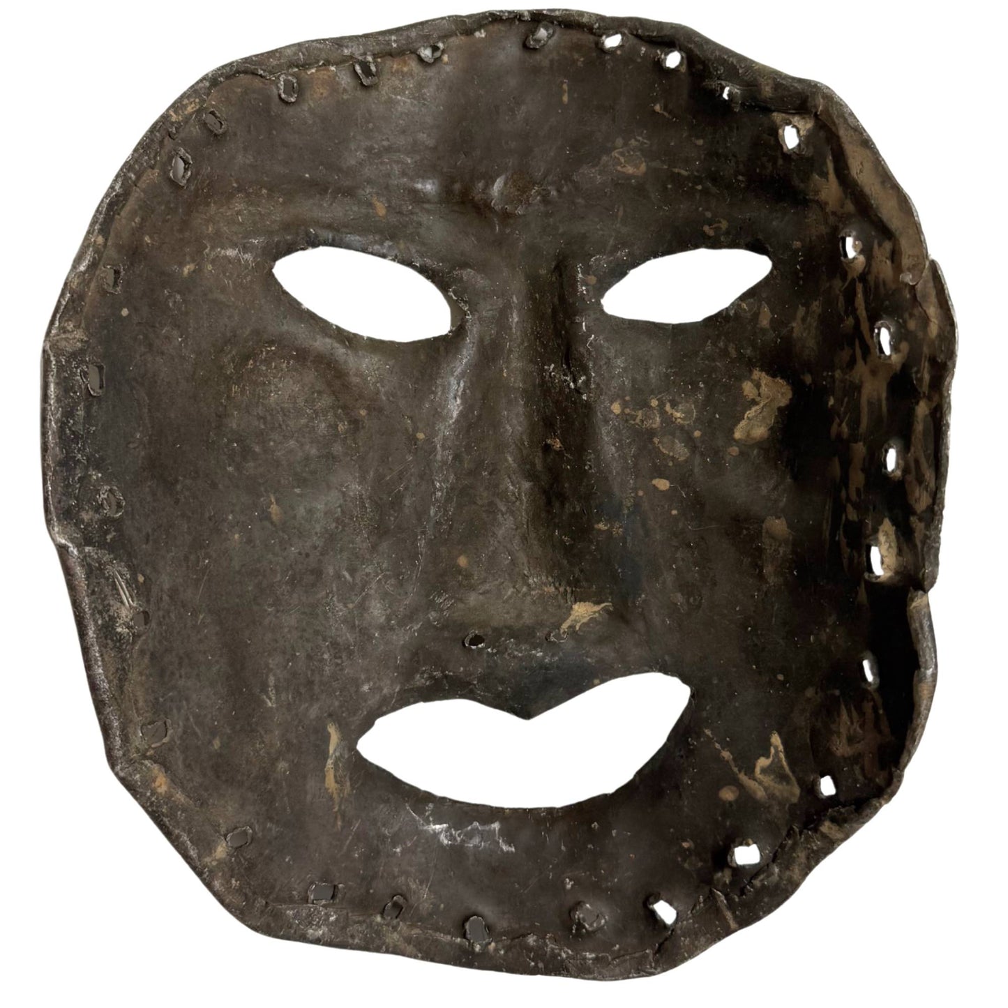 Himalayan shaman mask made of tin zinc sheet, antique ritual mask with hand-beaten shape and weathered surface