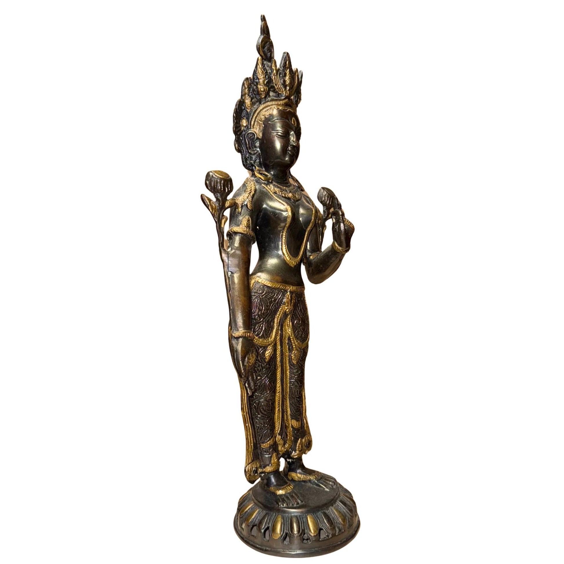 Himalayan Tara bronze statue on a lotus base with antique gilded accents