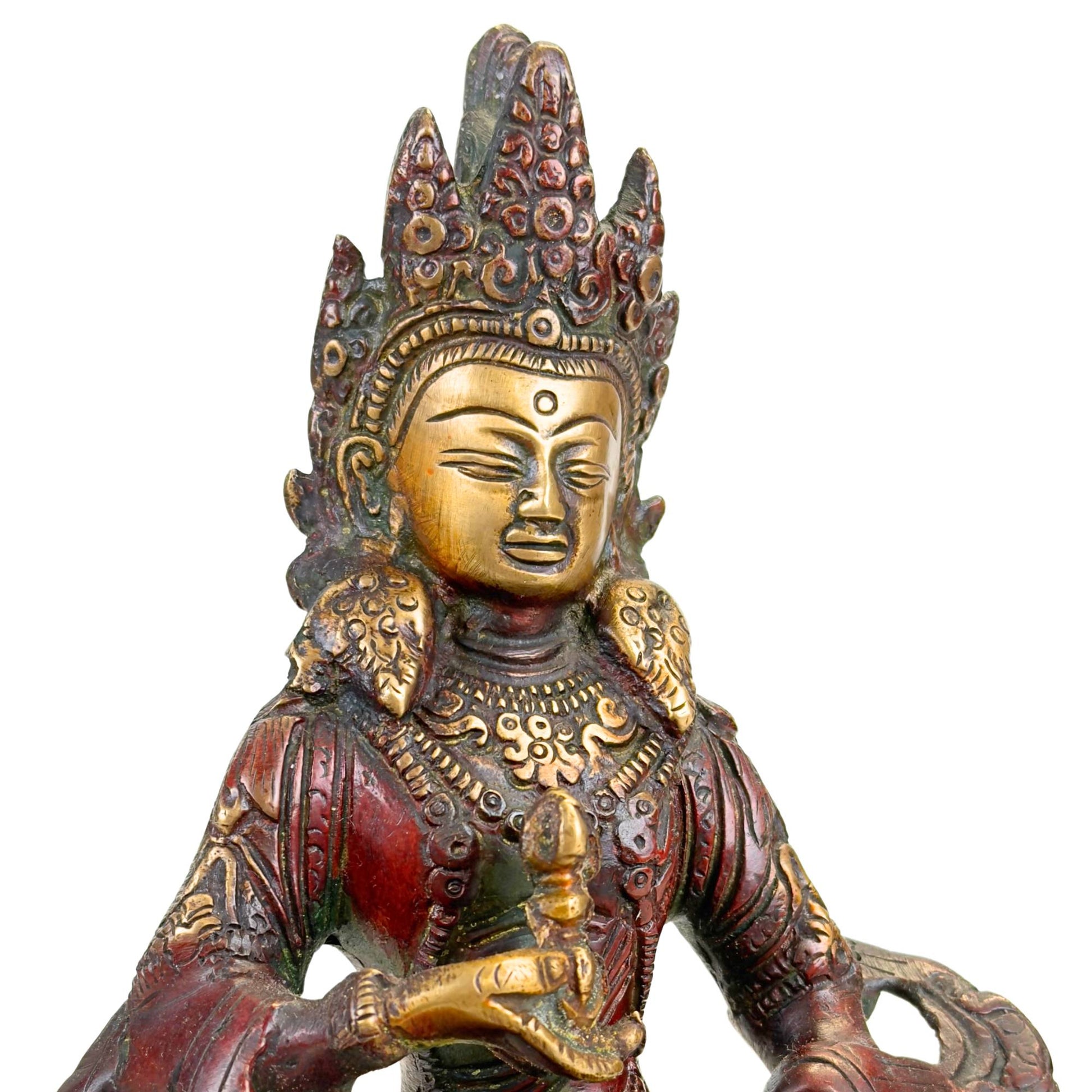 Himalayan Vajrasattva statue with broad lotus base, red patina, gilded details and ritual attribute