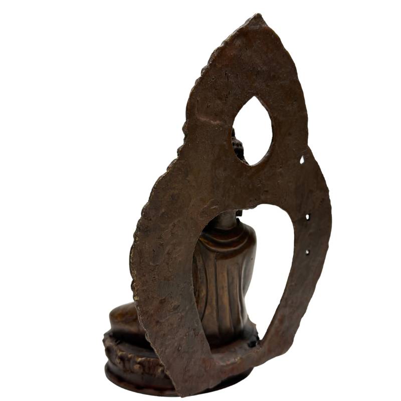 Himalayan devotional Buddha set in bronze with Dhyana Mudra and ritual aura