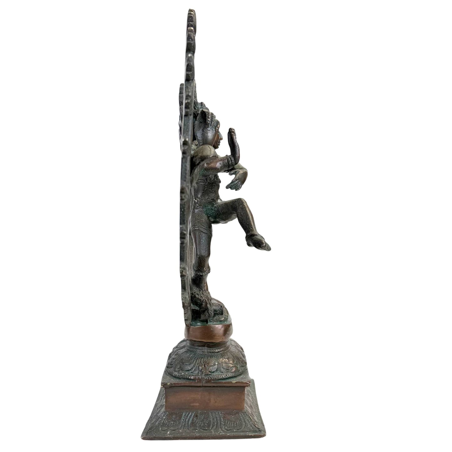 Hindu Shiva Nataraja statue of bronze with old temple patina, graceful arms, and detailed halo.