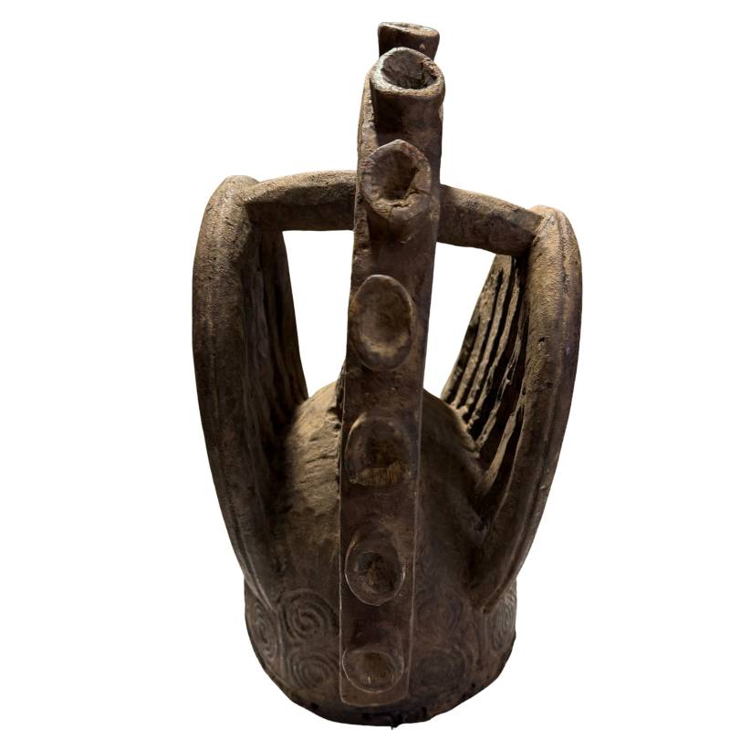 Wooden African dance mask, ritual mask with openwork headdress and authentic signs of use