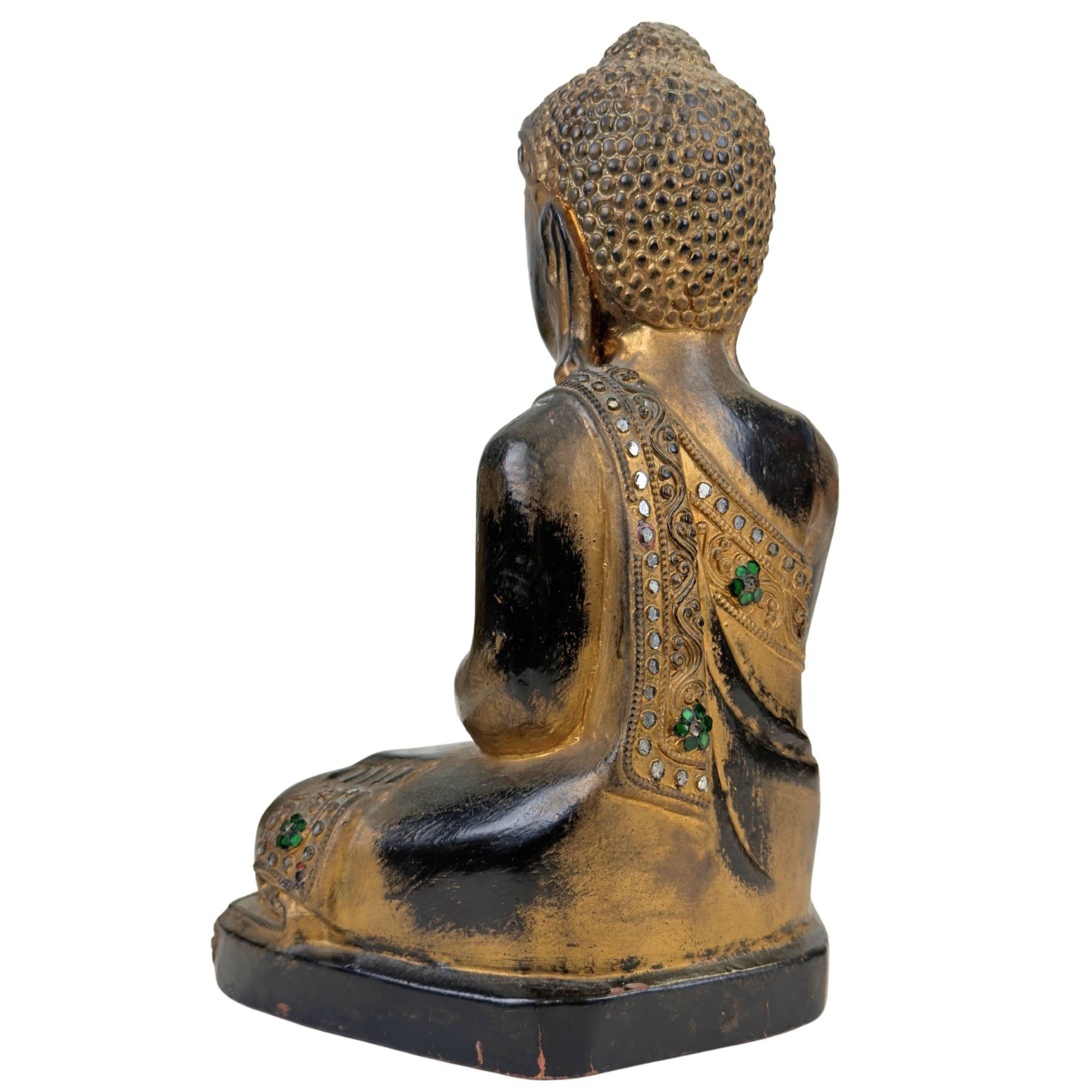 Wooden Mandalay Buddha with black lacquer and gold-colored details