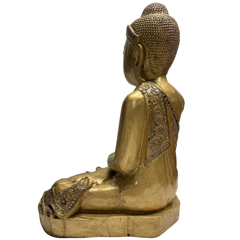 Wooden Buddha statue with carved base and ornaments