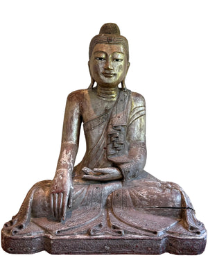 Grand Bouddha ancien en bois de 120 cm – Mandalay avec yeux incrustés.